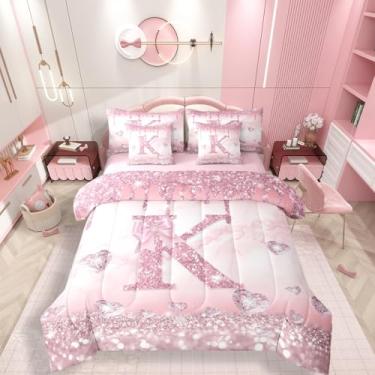 Imagem de Conjunto de edredom solteiro com letra K, 7 peças, para crianças, adolescentes, meninas, presentes personalizados para mulheres, edredom e lençol moderno