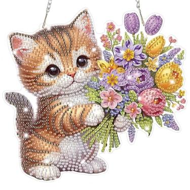 Imagem de Bowetile Kits de pendurar arte de diamante de gato para adultos, arte de diamante, apanhadores de sol, flores, 5D, formato especial, pintura de diamante, pingente de janela, enfeite de janela