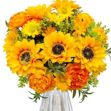 Imagem de Guagb Flores artificiais para decoração, 3 peças de girassol falso com peônias flores artificiais buquê de flores de seda para mesa de festa de casamento em casa, centro de mesa, vaso para decoração