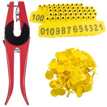 Imagem de Etiquetas de orelha de gado numeradas 001-100 com alicate, etiqueta de orelha de animal de plástico para vacas, cabras, ovelhas, porcos, etiqueta de brinco de identificação animal