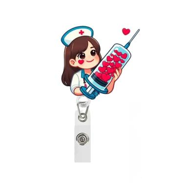 Imagem de Carretel de crachá engraçado de enfermeira, design de seringa de coração romântico para dia dos namorados, suporte de crachá de acrílico retrátil, clipe de jacaré, fofo, coração de amor, porta-cartões