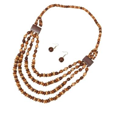 Imagem de Involsionary Conjunto de brincos de colar de contas de madeira grosso boêmio vintage étnico feito à mão de madeira multicamadas colar longo para mulheres conjunto de joias de fantasia boho, Madeira