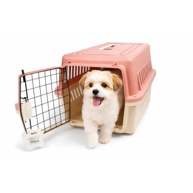 Imagem de Caixa de Transporte para Pets, Rosa e Bege, Plástico e Metal, 48x31x30 cm, com Porta de Aço, para Cães e Gatos de 6 a 10 kg