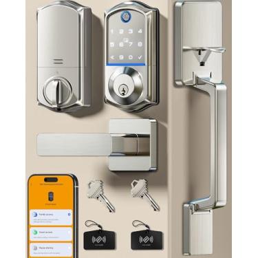 Imagem de Veise VE017-D Conjunto de fechadura de porta frontal inteligente com impressão digital, controle de aplicativo, fechadura de entrada 7 em 1 sem chave com maçaneta, porta de alimentação de emergência