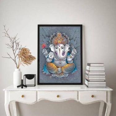 Imagem de Quadro Decorativo Ganesha Cinza 24x18cm Vidro Moldura Preta