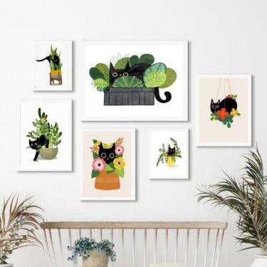 Imagem de Kit 6 Quadros Gatinho + Plantas - Moldura Madeira - Vidro