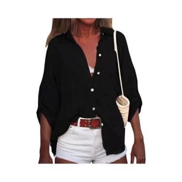 Imagem de Camisa Casual Solta De Verão Em Algodão E Linho Com Decote Em V E Mang