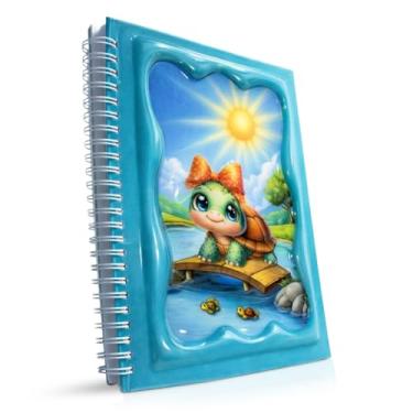 Imagem de omatek smart technologies Caderno espiral com capa brilhante 3D A5 – Caderno de capa dura fofo com 80 folhas – Caderno escolar para crianças, meninas e meninos – Tartaruga à beira do lago