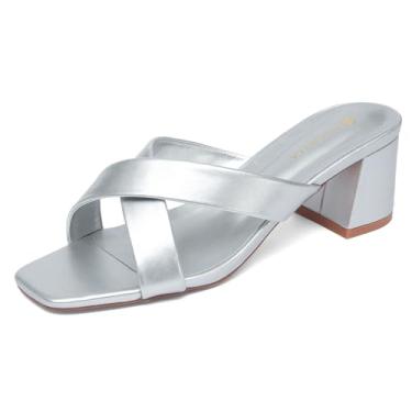 Imagem de NEWBELLA Sandálias femininas de salto quadrado - Design de alça cruzada com salto bloco, sandálias casuais de verão para praia e uso diário, Prata, 37
