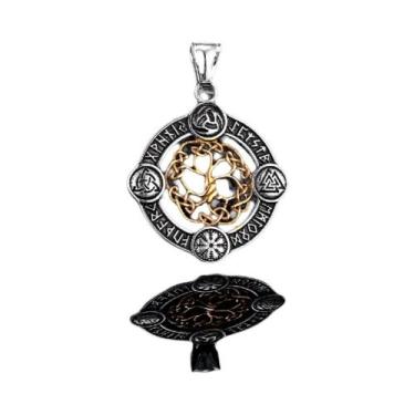 Imagem de Colar De Árvore Da Vida Em Aço Inoxidável Dourado Com Runas Nórdicas P