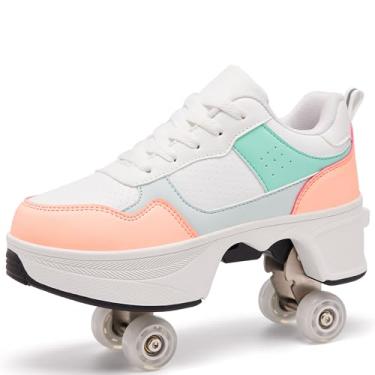 Imagem de ANEFUN Tênis Pop Up Roller Skate para mulheres, homens, meninas e meninos – Tênis 2 em 1 com quatro rodas retrátil, conversível, adulto, para viagens ao ar livre, festa, patinação, Lua branca e rosa