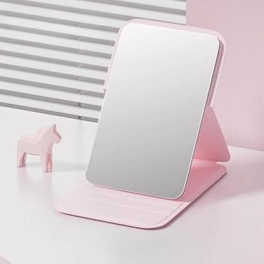 Imagem de Espelho de viagem dobrável - Espelho de maquiagem dobrável portátil de couro PU com suporte ajustável de 90°/145° (rosa)