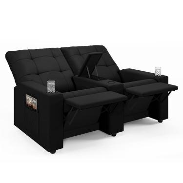 Imagem de Poltrona Do Papai Reclinável Cinema 2 Lugares Manual Baú Usb Haifa F05 Veludo Preto - Lyam Decor