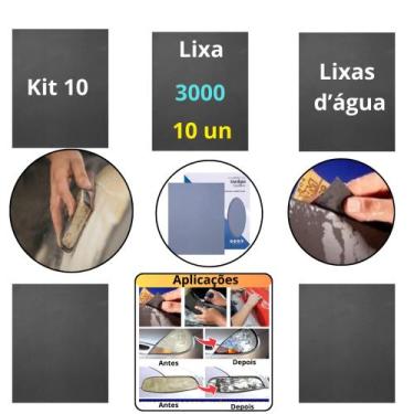 Imagem de Lixa 3000 D'água Kit 10 Folhas Polimento Farol Pintura Metal Acabament