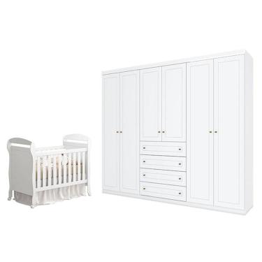 Imagem de Berço Americano Danny Branco Acetinado Reller e Guarda Roupa Casal Americano 6 portas Branco HP - Henn.