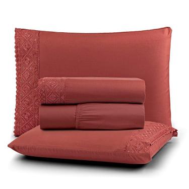 Imagem de Jogo De Lençol Nobre Casal 4 Peças Micropercal 200 Fios Bordado Inglês Fino - Canela - 100% Poliéster