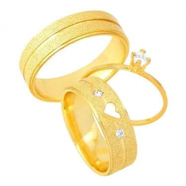 Imagem de Par De Alianças Coração Vazado 6mm Diamantada Pedra