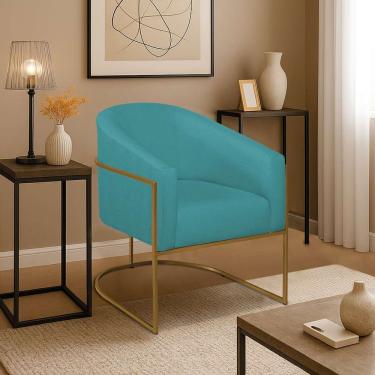 Imagem de Poltrona Decorativa Jade Moderno Escritório Confortável Luxo Base De Ferro Dourado Suede Azul Turquesa