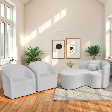 Imagem de Kit Recamier Curvo Sala De Estar Inglaterra 150cm Lado Esquerdo E 2 Poltronas Orgânica Luxo Luiza Max Bouclé Branco