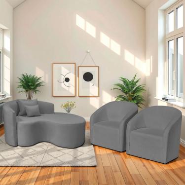 Imagem de Kit Recamier Curvo Sala De Estar Inglaterra 150cm Lado Direito E 2 Poltronas Orgânica Luxo Luiza Max Bouclé Cinza
