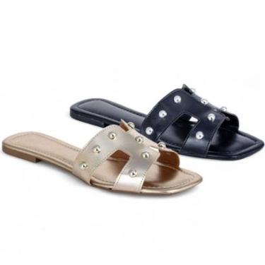 Imagem de Kit 2 Pares De Sandália Rasteira Feminina Rasteirinha Modelo H Leve Básica Preto Dourada-Feminino