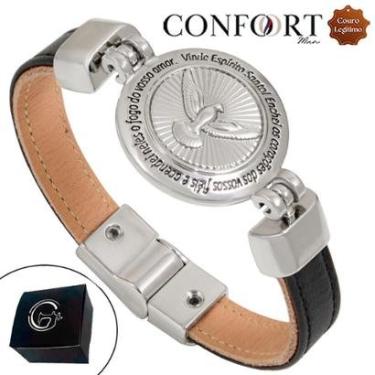 Imagem de Pulseira Magnética de Couro Bege Preto Medalha Vosso Amor Prateado-Unissex