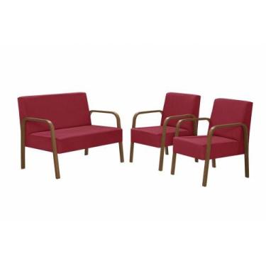 Imagem de Conjunto Poltrona Jade Braço Madeira Suede Vermelho - D SALLA