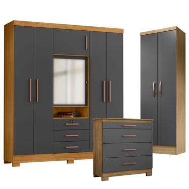 Imagem de Guarda Roupa Casal Imperial Com Cômoda 4 Gavetas New E Multiuso New Egito Carvalho Americano Grafite - Incorplac