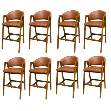 Imagem de Kit 8 Banquetas Alta Flora Madeira Maciça Assento Couro Sintético Estofado Cobre Gat Ma...