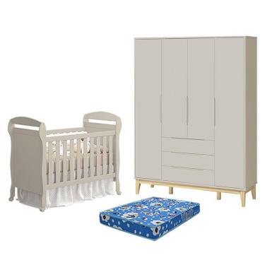 Imagem de Berço Americano Danny Com Colchão Ortobom E Guarda Roupa 4 Portas Elfe Classic Areia Acetinado Natural - Reller