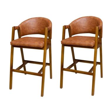 Imagem de Kit 2 Banquetas Alta Flora Madeira Maciça Assento Couro Sintético Estofado Cobre Gat Ma...