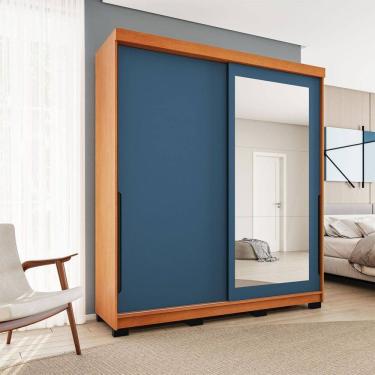 Imagem de Guarda-Roupa Casal Madrid 2 Portas 2 Gavetas com Espelho Azul/Freijó - Politorno
