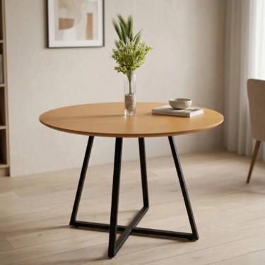 Imagem de Mesa de Jantar Redonda Nature Moderna Laís Tampo Mdf Base De Ferro 90cm