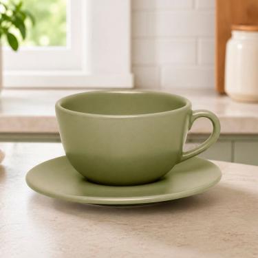 Imagem de Xícaras com Pires Unni Oliva Kit 8 Peças 200ml Cerâmica Acetinada para Café e Chá Verde Oxford
