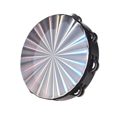 Imagem de Sasuori Tambor de mão de pandeiro radiante de madeira de 25 cm com jingles de fileira dupla, instrumento de percussão musical com cabeça de tambor refletivo