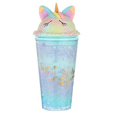 Imagem de seelucky Copo de viagem unicórnio com canudo copo de gelo congelador com alça para tampa para piquenique festa aniversário (azul unicórnio, 450 ml)