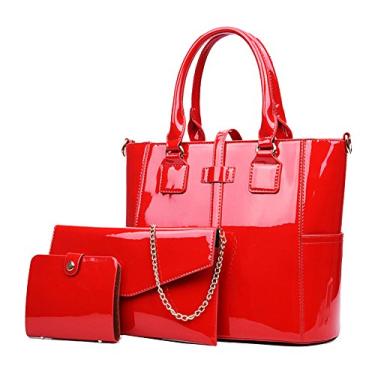 Imagem de Yan Show – Bolsa feminina de couro envernizado com 3 peças, bolsa de ombro de grande capacidade, Red-1, Medium
