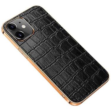 Imagem de HAODEE Capa à prova de choque com tudo incluso para Apple iPhone 12 (2020) 6,1 polegadas, padrão de crocodilo couro genuíno borda dourada capa traseira do telefone (cor: preto)