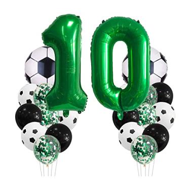 Imagem de Decorações de festa de aniversário de futebol para crianças, meninos, meninas, tema de bola de futebol, decoração de aniversário de 10 anos, balão número 10, balão de folha de futebol, balão verde
