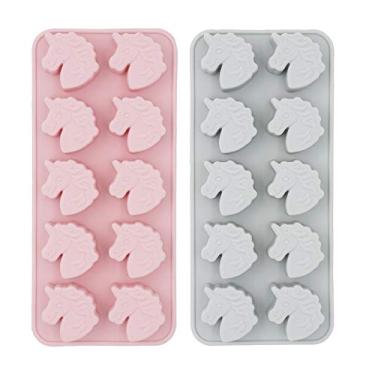 Imagem de MoldFun Conjunto de 2 unidades de moldes de silicone de cabeça de unicórnio para fazer chocolates gelatina gelatina gelatina gelatina gelatina sabonete pequeno bombas de banho assar cupcake tratar Oreo Cookie Bandeja de cubo de gelo