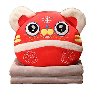Imagem de Yajun Cobertor de travesseiro de pelúcia portátil estilo chinês tigre almofada macia 3 em 1 aquecedor de mãos escritório lancheira cobertor de ar condicionado, vermelho, 43 * 40 * 12 cm