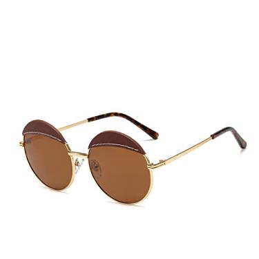 Imagem de Óculos de sol de armação redonda de metal fashion feminino designer de luxo armação grande óculos de sol retrô sombras uv400, chá marrom c2, tamanho único