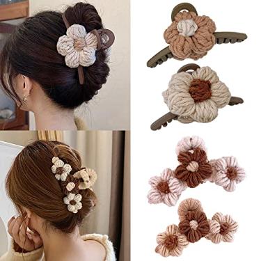 Imagem de Presilhas de cabelo 4 peças para mulheres cabelo grosso, urso peludo grande, flor felpuda, coelho, antideslizante, grampos de cabelo, bonitos, grandes, marrom, bege, prendedor forte, acessórios de cabelo fino