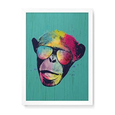 Imagem de Arte Maníacos Quadro Decorativo em Madeira Macaco Color Fundo Verde - 23x16,25cm (Moldura caixa em laca branca)