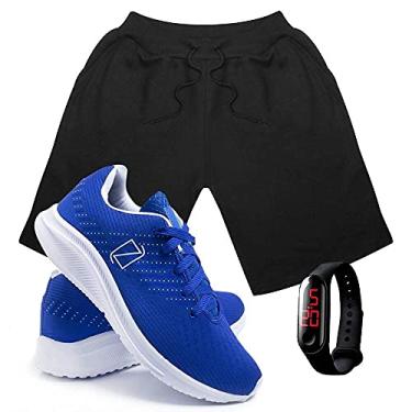 Imagem de Kit Bermuda Moletom Masculina + Tenis Masculino Conforto + Relógio Digital - Preto-Azul/M-43