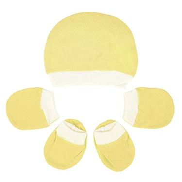 Imagem de Kit Touca, Luvas e Sapatinho Fofinho Meia Malha Amarelo
