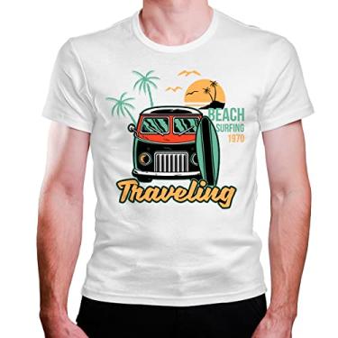 Imagem de Camiseta Masculina Branca Carro Van Kombi Surf Prancha Tropical Traveling (g)