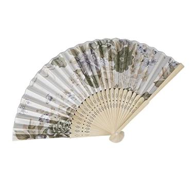 Imagem de Leque dobrável estilo chinês japonês leque de seda ventilador dobrável leque de casamento presentes de arte dança ventilador de mão vintage bambu dobrável ventilador de flores acessórios decorativos feitos à mão (cor: A)