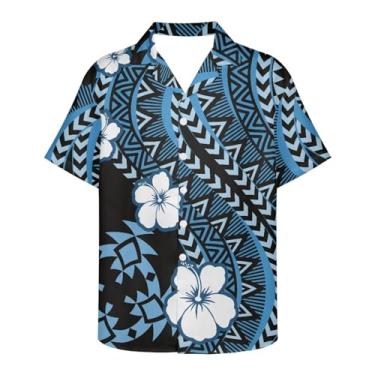 Imagem de Gzzxiailg Camisa masculina descolada com gola V havaiana, camisa de praia tropical, manga curta, verão, roupas de praia, Floral polinésia, M