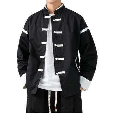 Imagem de ZMIN Jaqueta masculina casual de algodão tradicional chinesa, jaqueta urbana, plus size, retrô, japonesa, vintage, tops, Preto, G